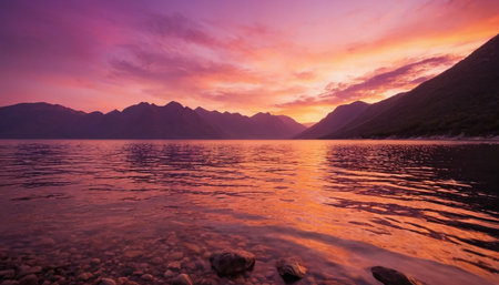 Sunset over Lake Wakatipu, Queenstown, New Zealandの素材