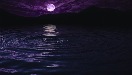 Full moon in the night sky reflected in the water surface of the lakeの素材