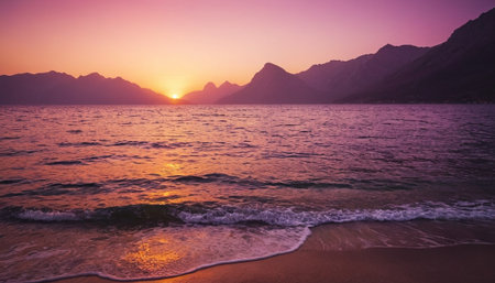 Beautiful sunset on the beach with mountains in the background. Toned.の素材