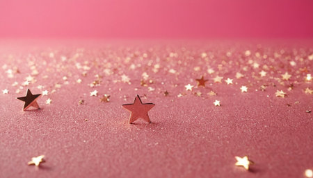 Shiny stars on pink background. Festive background with copy space.の素材