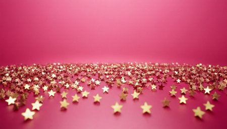 Gold stars on pink background. Festive background. Copy space.の素材
