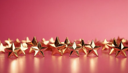 Golden stars on a pink background. Christmas and New Year background.の素材