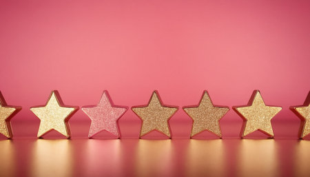 Five golden stars on a pink background. The concept of ranking and ranking.の素材