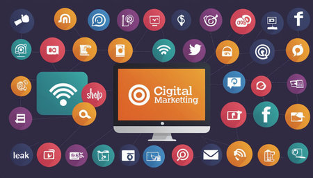 Social media icons set with computer monitor and mobile devices. Vector illustrationの素材