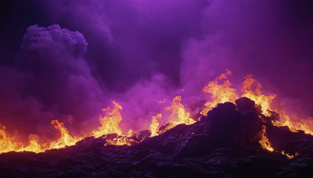 3D illustration of a huge fire in the mountains at night.の素材