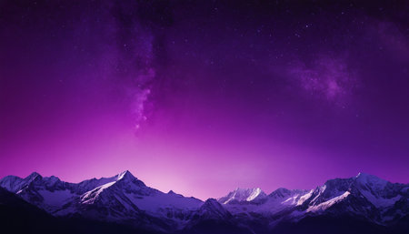 Night landscape with starry sky and snowy mountains. 3d renderingの素材