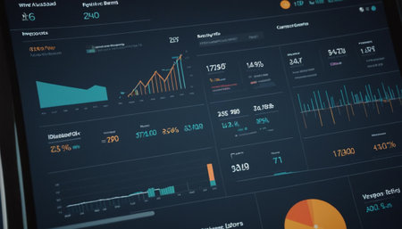 Close-up of graphs and charts on computer screen. Business conceptの素材