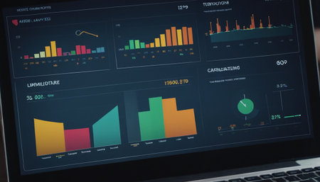 Close-up of laptop screen with financial charts and graphs on screenの素材