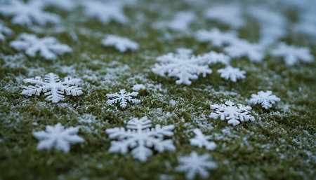 Snowflakes on green grass background. Snowflakes on grassの素材