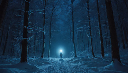 Man walking in the winter forest at night with fog and moonlightの素材