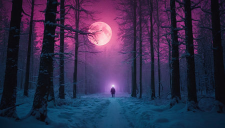 Man walking in winter forest at night with full moon in the backgroundの素材
