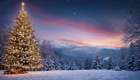 Beautiful winter landscape with christmas tree and starry sky.の素材