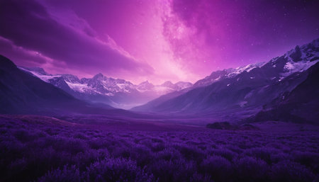 Purple fantasy landscape with mountains, clouds and starry sky.の素材