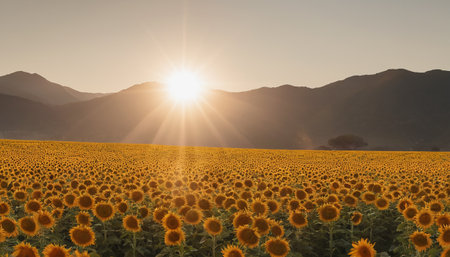 Sunflower field at sunset with mountains in the background, California, USAの素材