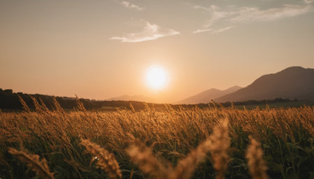 Sunset in the field with grass and mountains in the background.の素材