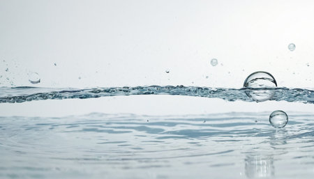 water splash with ripples and bubbles close-up on white backgroundの素材