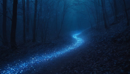Foggy night in the forest with road and blue lights.の素材