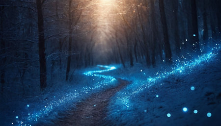 Winter road in the forest at night with blue lights and snowflakesの素材
