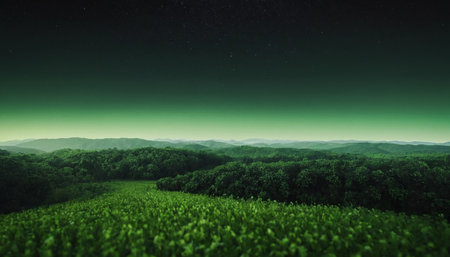 Fantasy landscape with green hills and mountains under the starry skyの素材