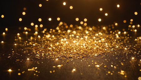 Golden glitter vintage lights background. Golden sparkles and bokeh.の素材