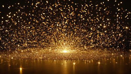 golden confetti on a black background with bokeh effectの素材