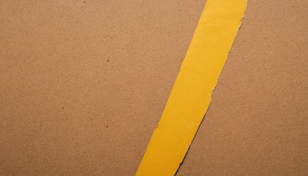 Yellow torn paper on brown cardboard background. Copy space for text.の素材