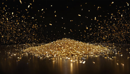 Golden confetti on a black background. 3d rendering, 3d illustration.の素材