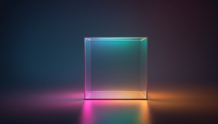 Glowing square transparent glass cube on dark background. 3D renderingの素材