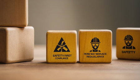 Wooden blocks with construction and safety related icons on wooden background.の素材