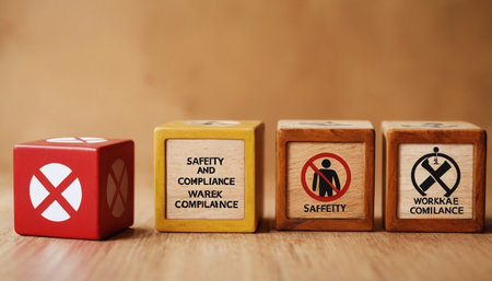 Cubes with warning signs on wooden background. Focus on the cubesの素材