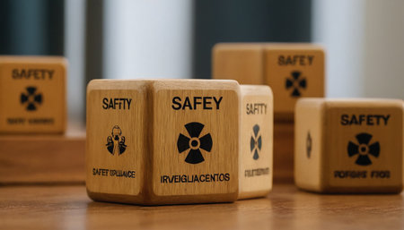 Nuclear danger warning sign on wooden cubes, conceptual image of radiation hazardの素材