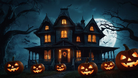 Halloween background with pumpkins and haunted house. 3d renderingの素材
