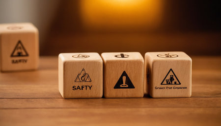 Wooden cubes with warning symbols on the table. Conceptual image.の素材