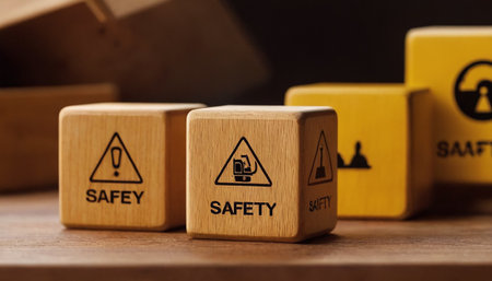 Safety concept. Wooden cubes with warning symbols. Close-up.の素材