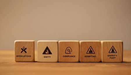 Wooden cubes with warning symbols on a wooden table and brown backgroundの素材