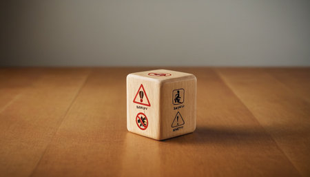 Cubes with warning symbols on a wooden table. 3D illustration.の素材