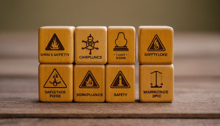 Wooden cubes with warning signs on a wooden background. Safety concept.の素材