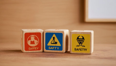 Wooden blocks with safety signs on wooden background. Safety concept.の素材
