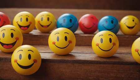 Smiley faces on wooden background. Happy and funny smileys.の素材