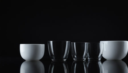 Empty coffee cups on a black background. Copy space for text.の素材