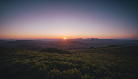 Aerial view of sunset in the mountains. Beautiful natural landscape.の素材