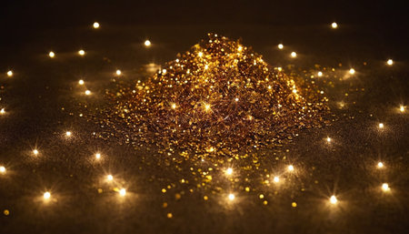 Golden glittering sparkles on a dark background. Bokeh effect.の素材