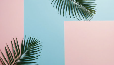 Tropical palm leaves on pastel pink and blue background. Minimal summer conceptの素材