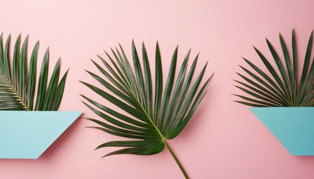 Creative layout made of palm leaves on pink background. Flat lay, top view minimal summer concept.の素材