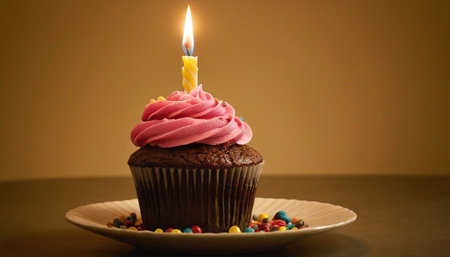 Birthday cupcake with a lit candle on a brown background.の素材