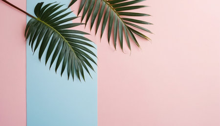 Tropical palm leaves on pastel blue and pink background. Flat lay, top view, copy spaceの素材
