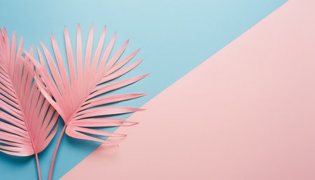 Tropical palm leaf on pastel blue and pink background. Minimal summer conceptの素材