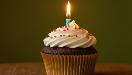 Birthday cupcake with burning candle on green background, closeupの素材
