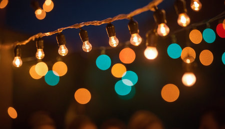 Christmas lights on a dark background with bokeh defocused lightsの素材