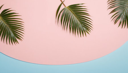 Tropical palm leaves on pink and blue background. Flat lay, top view.の素材